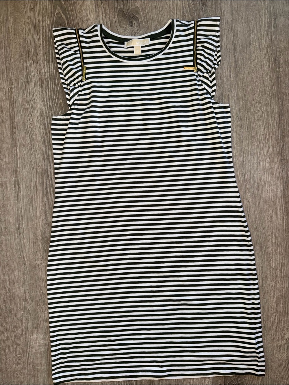 Michael Kors Black & White Striped Midi Shift Dress with Gold Trim